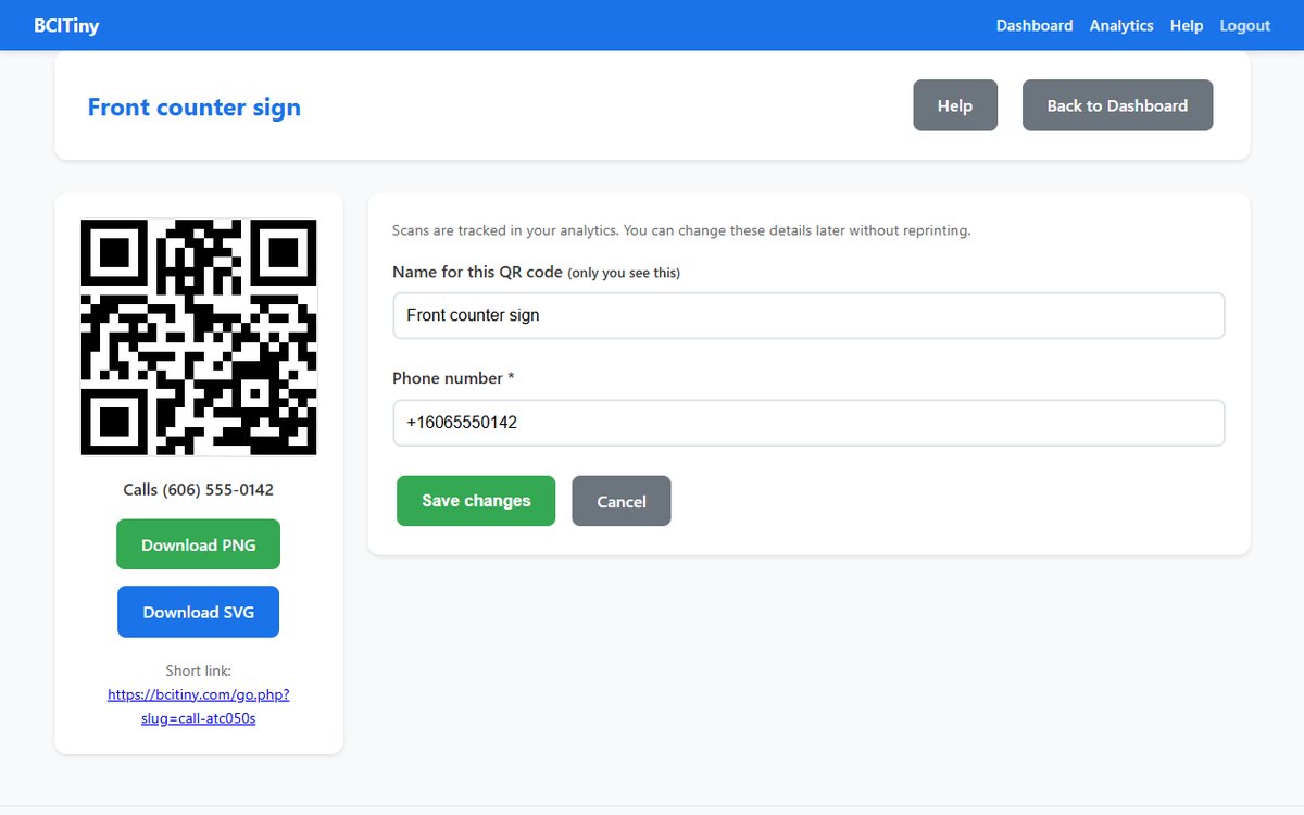BCITiny QR code and short link management screen